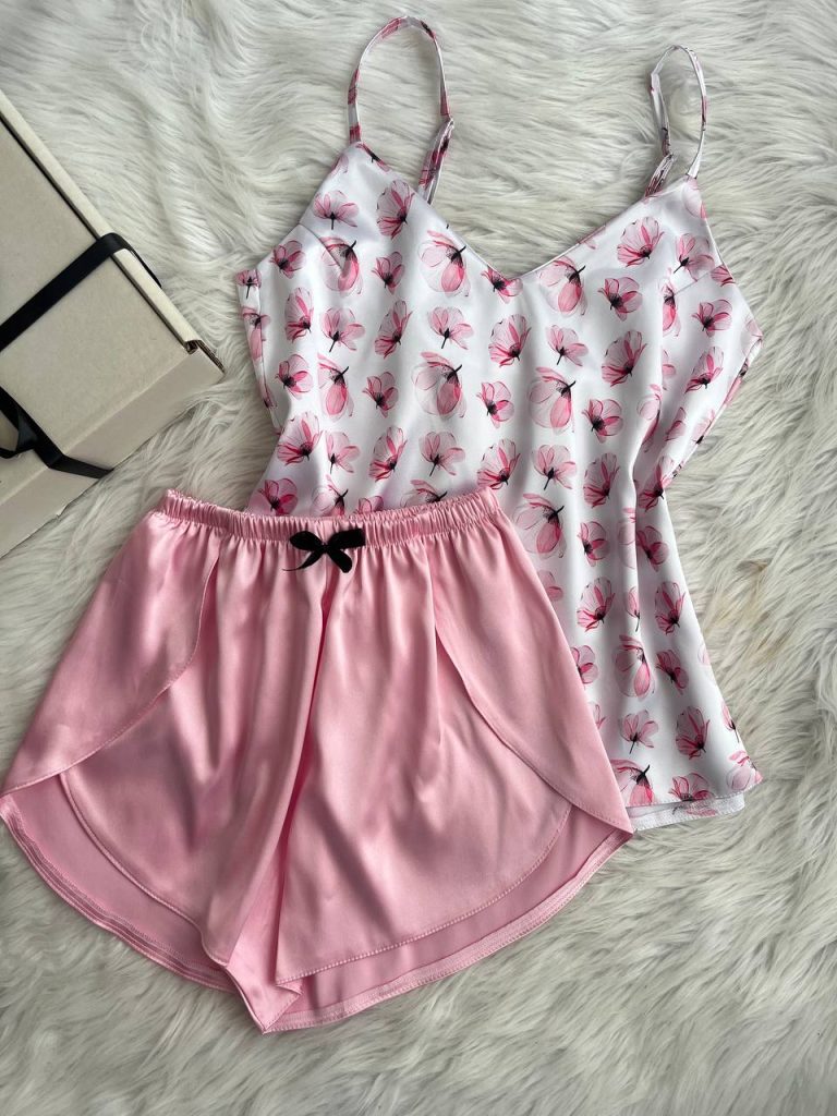 تاپ شلوارک ساتن LX طرح شکوفه