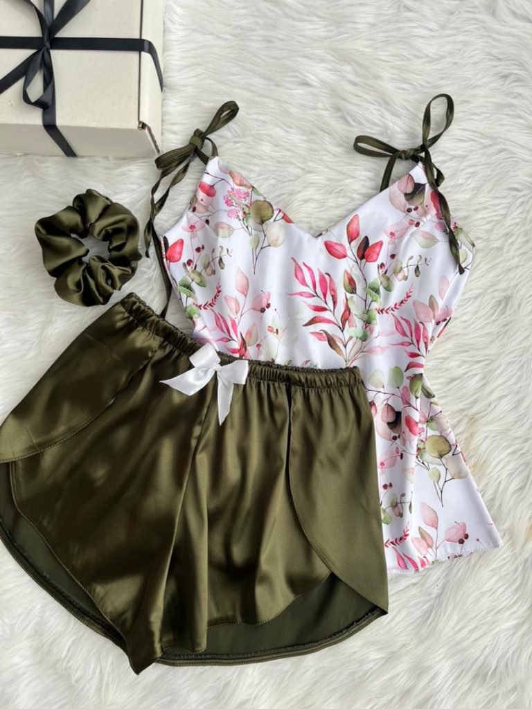 تاپ شلوارک ساتن LX پولکی زیتونی