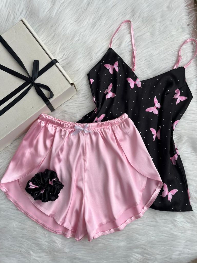 تاپ شلوارک ساتن LX طرح پروانه خالدار